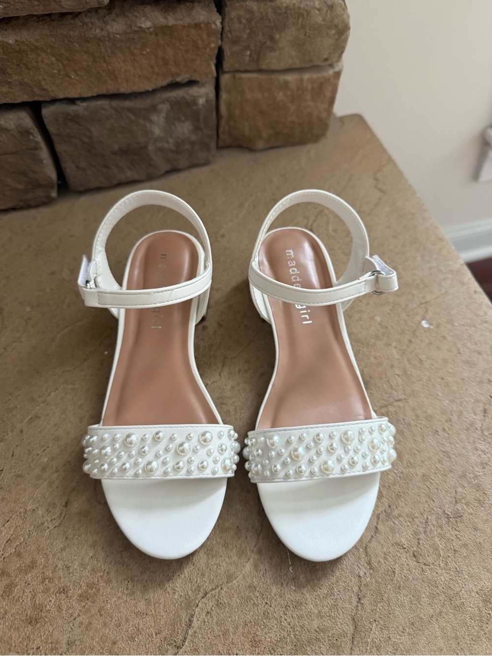 Madden Girl White Pearl Strap Block Heel Sandals